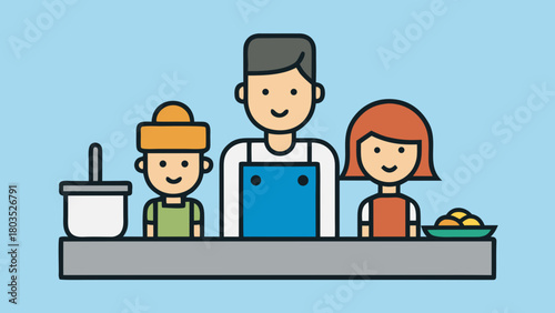 Family in kitchen happily preparing a meal