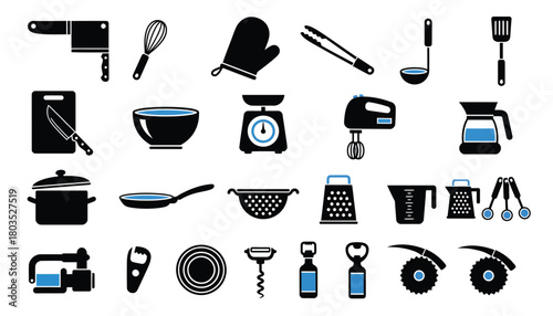 Set of kitchenware icons simple flat design elements for cooking and food preparation isolated on white background