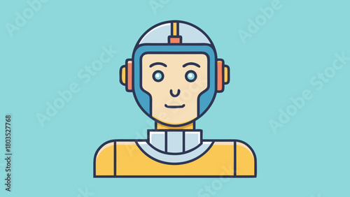 Robot head wearing a futuristic helmet with blue eyes