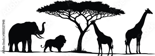 Black silhouettes of African safari animals, including elephant, lion, and giraffes with an acacia tree, a vector wildlife scene.