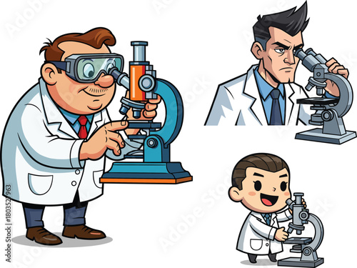 Cartoon scientists using microscopes in laboratory, diverse lab researchers examining samples, science experiment illustration, cute educational science characters