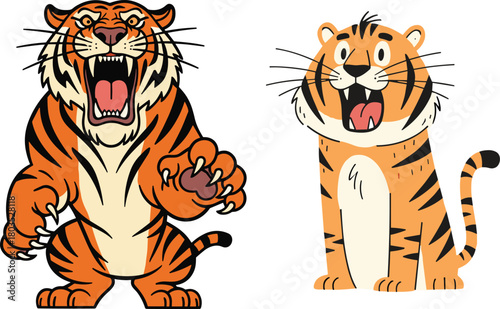 Cartoon tiger characters roaring and posing, cute and fierce wild animal illustrations, jungle wildlife artwork for kids, mascot designs and decoration