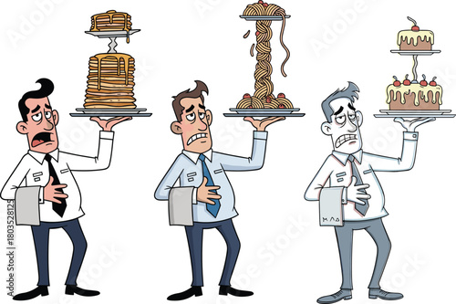 Cartoon waiters holding oversized food plates, humorous illustration of servers struggling with giant pancakes, noodles and cake in funny restaurant scene
