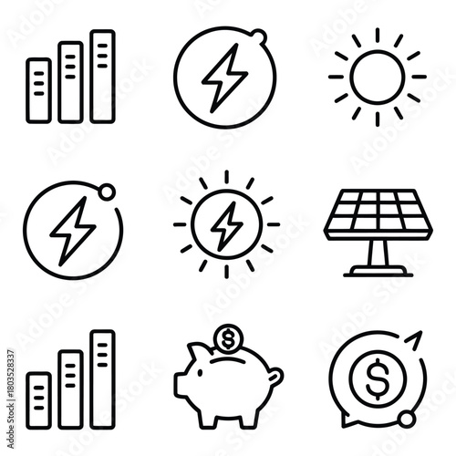 Set of energy and finance related vector outline icons compilation