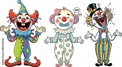 Colorful cartoon clowns performing joyful expressions, funny circus characters laughing and entertaining audience with playful costumes, cheerful comedy illustration artwork