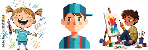 Creative children drawing and painting, happy kids artwork illustration, colorful artistic activities for school projects, cartoon characters with art supplies