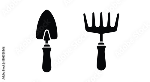 Simple black and white icons depicting a garden trowel and a small rake