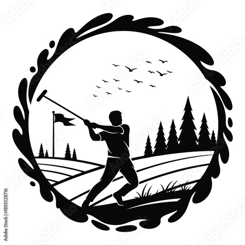 Silhouette of a golfer swinging club on a green field with birds