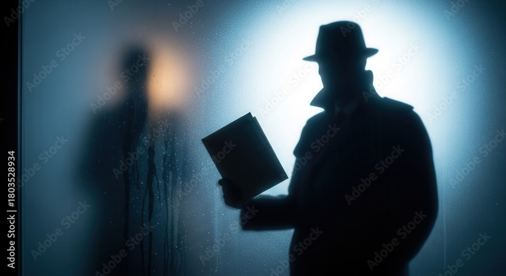 Fototapeta premium Mysterious silhouette detective in fedora holding case file, hinting at intrigue and secrets within a shadowy, atmospheric scene.