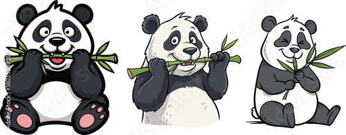 Cute cartoon pandas eating bamboo, adorable wildlife characters sitting and chewing bamboo sticks in playful illustration style, funny animal artwork collection