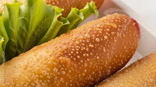 Crispy Golden Fried Sausage Roll with Fresh Green Lettuce, Close-up Food Photography