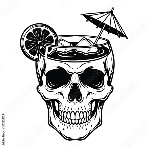 Skull Cocktail Glass with Lemon Slice and Umbrella Summer Illustration