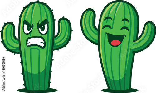 Angry and joyful cartoon cactus vector illustration