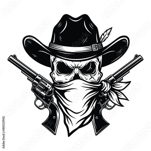 Skull cowboy bandit with bandana and guns vector illustration design