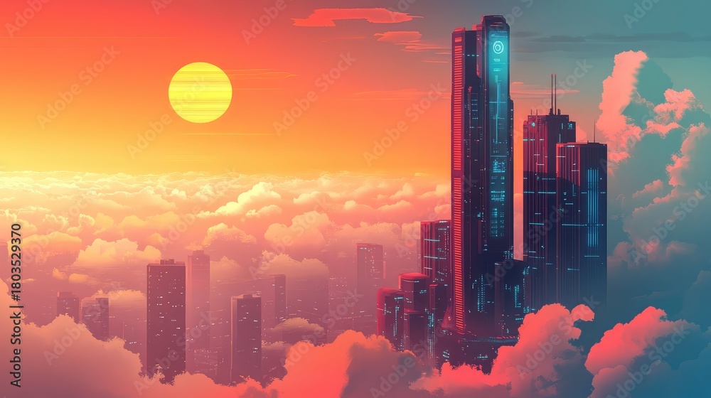 Fototapeta premium Futuristic cityscape with neon skyscrapers above clouds