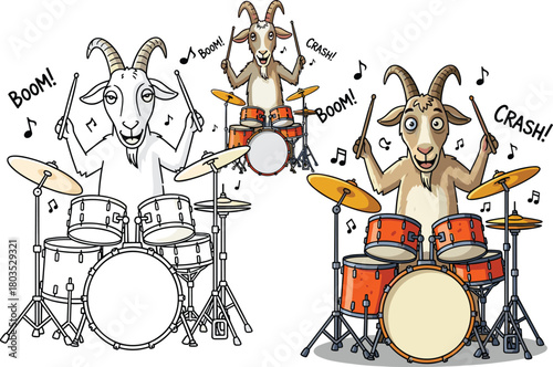Funny cartoon goats playing drums in music band, cute animal drummers illustration, musical performance, playful goat characters with drum sets