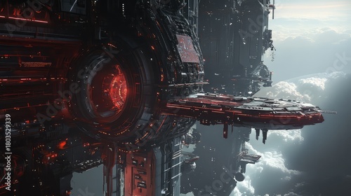 Fototapeta Naklejka Na Ścianę i Meble -  Futuristic space station docking with advanced spaceship above clouds