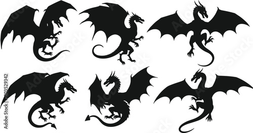 Fantasy dragon silhouette collection featuring fierce flying creatures with detailed wings, claws, and tails, perfect for mythology artwork, tattoo designs, gaming graphics, and creative projects