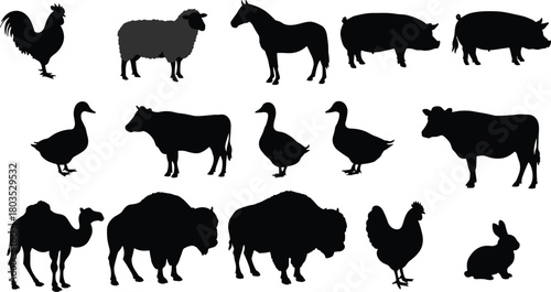 Farm animal silhouette collection featuring diverse livestock shapes, rooster, sheep, horse, pig, cow, goose, camel, bison, rabbit, perfect for agriculture vector design resources