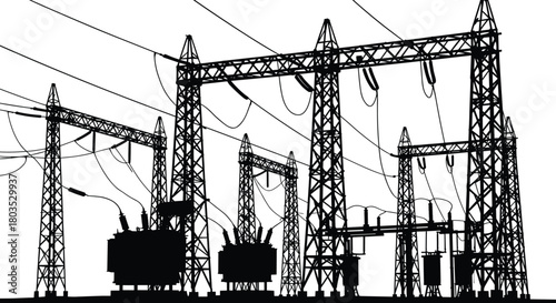 High voltage electrical substation silhouette featuring transformers, powerlines, steel towers, detailed 