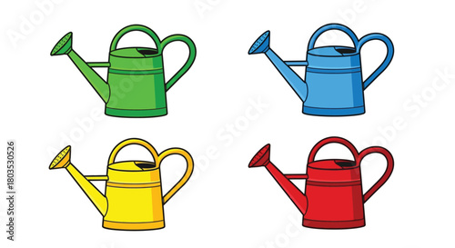 Colorful cartoon illustration featuring four watering cans in different shades