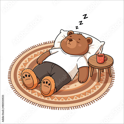 Sleeping teddy bear on rug with coffee cup and slippers cozy