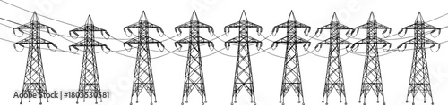 High voltage transmission towers arranged in a continuous row, detailed vector silhouette showcasing power infrastructure, electrical grid networks, industrial energy systems, and overhead cables
