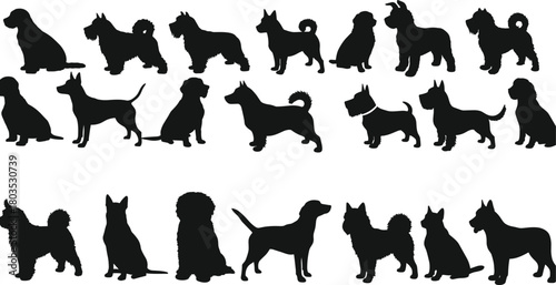 Large dog silhouette collection featuring multiple breeds in standing and sitting poses, ideal for pet design projects, animal graphics, modern vector illustration use