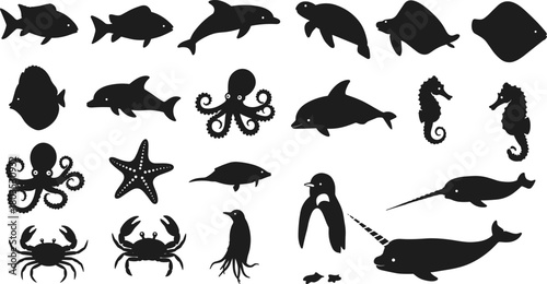 Large marine animal silhouette collection featuring fish, dolphins, turtles, stingrays, octopus, seahorses, crabs, penguins and narwhals, perfect for ocean wildlife vector illustration projects