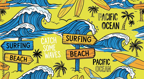 Hand drawn vector seamless pattern. Surfboards palm trees, waves and slogan texts.