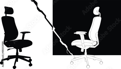 Office chair silhouette and detailed vector illustration showing ergonomic swivel seat with headrest, modern workplace furniture design, black and white comparison concept graphic