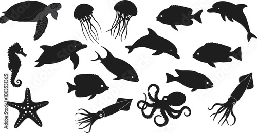 Marine life silhouette collection featuring fish, dolphins, jellyfish, turtle, squid, octopus, seahorse and starfish, perfect for ocean illustrations, aquatic vector design projects