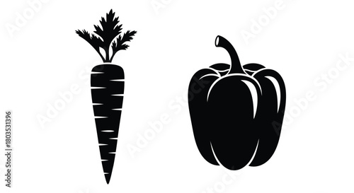 A simple black and white illustration of a carrot and a bell pepper