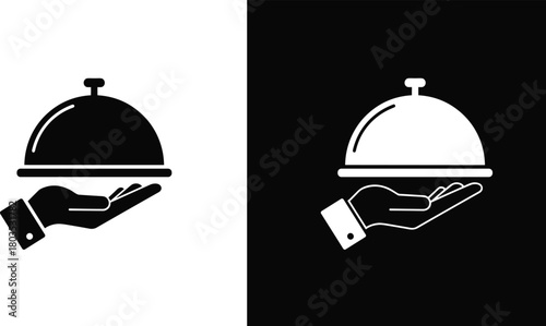 Restaurant service hand holding food tray icon, hospitality serving platter symbol, waiter cloche silhouette, catering logo concept, black and white vector design