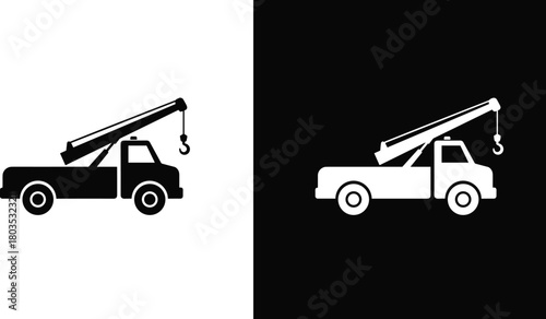 Tow truck service icon, vehicle recovery silhouette, roadside assistance illustration, car towing symbol, transportation and repair concept, black and white vector design