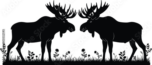 Two moose silhouettes facing each other in forest grass with plants and flowers, wild animal vector illustration, nature wildlife concept, isolated on white background