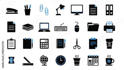 Set of office supply icons simple flat design elements for business and education isolated on a white background