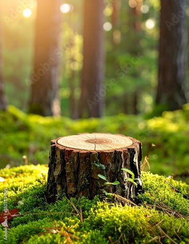 Wallpaper Mural A tree stump sits in a sun-dappled forest clearing, surrounded by moss and verdant foliage, with blurred trees in the background Torontodigital.ca