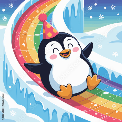 Cute joyful cartoon penguin sliding on colorful rainbow ice track, winter snow scene, festive party hat, playful celebration artwork illustration