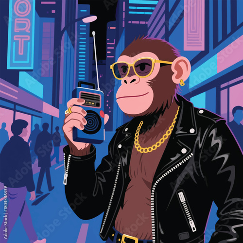 The Rapper Monkey in Glasses in the Night City Illustrator Artwork Banner Background Design Template 