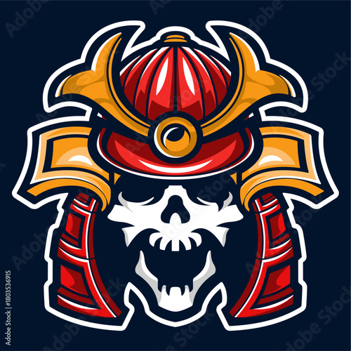 Samurai Skull Logo. Red Samurai Skull Warrior Mascot Illustration for Esports Team, Gaming Identity, and Battle Branding