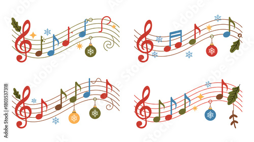 Festive holiday music notes with ornaments and snowflakes