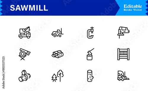 Sawmill And Lumber Industry Line Icon Set – Professional, Modern, Minimal, And Pixel Perfect Woodcutting Symbols