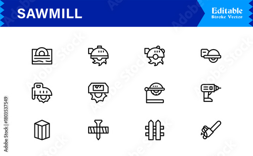 Sawmill And Lumber Industry Line Icon Set – Professional, Modern, Minimal, And Pixel Perfect Woodcutting Symbols