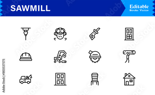 Sawmill And Lumber Industry Line Icon Set – Professional, Modern, Minimal, And Pixel Perfect Woodcutting Symbols