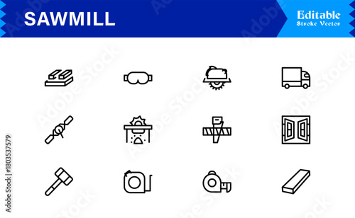 Sawmill And Lumber Industry Line Icon Set – Professional, Modern, Minimal, And Pixel Perfect Woodcutting Symbols