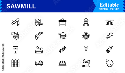 Sawmill And Lumber Industry Line Icon Set – Professional, Modern, Minimal, And Pixel Perfect Woodcutting Symbols