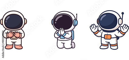 three cartoon astronauts standing with neutral faces