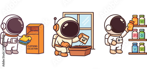 three cartoon astronauts shopping and looking at shelves