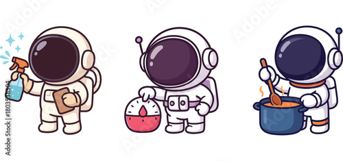 two astronauts stirring table and using magic wand